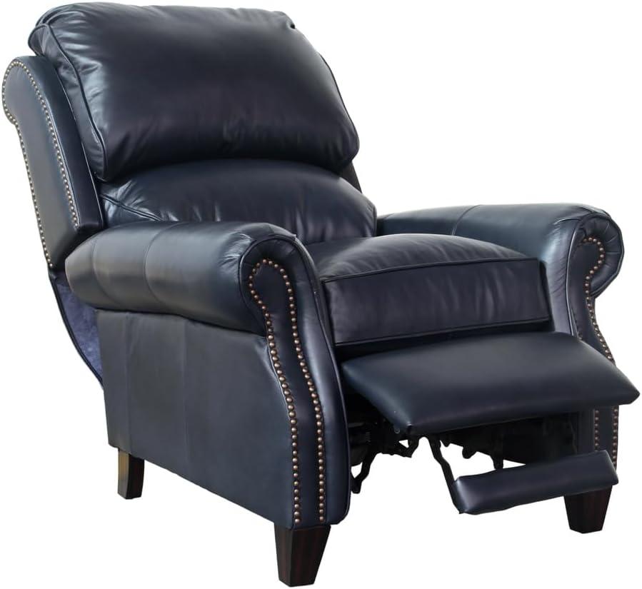 Churchill Traditional Blue Leather Recliner with Wood Accents