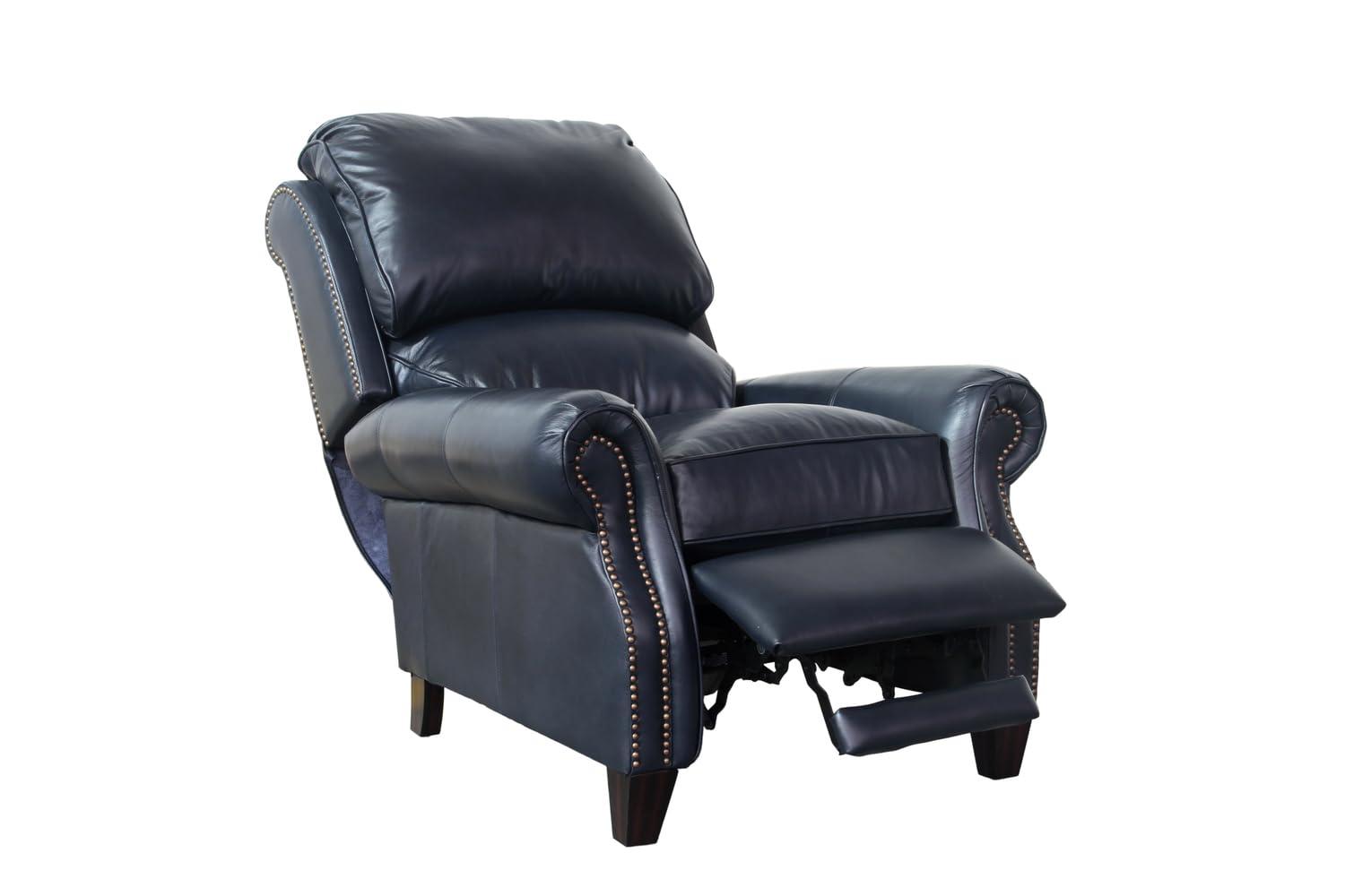 Churchill Traditional Blue Leather Recliner with Wood Accents