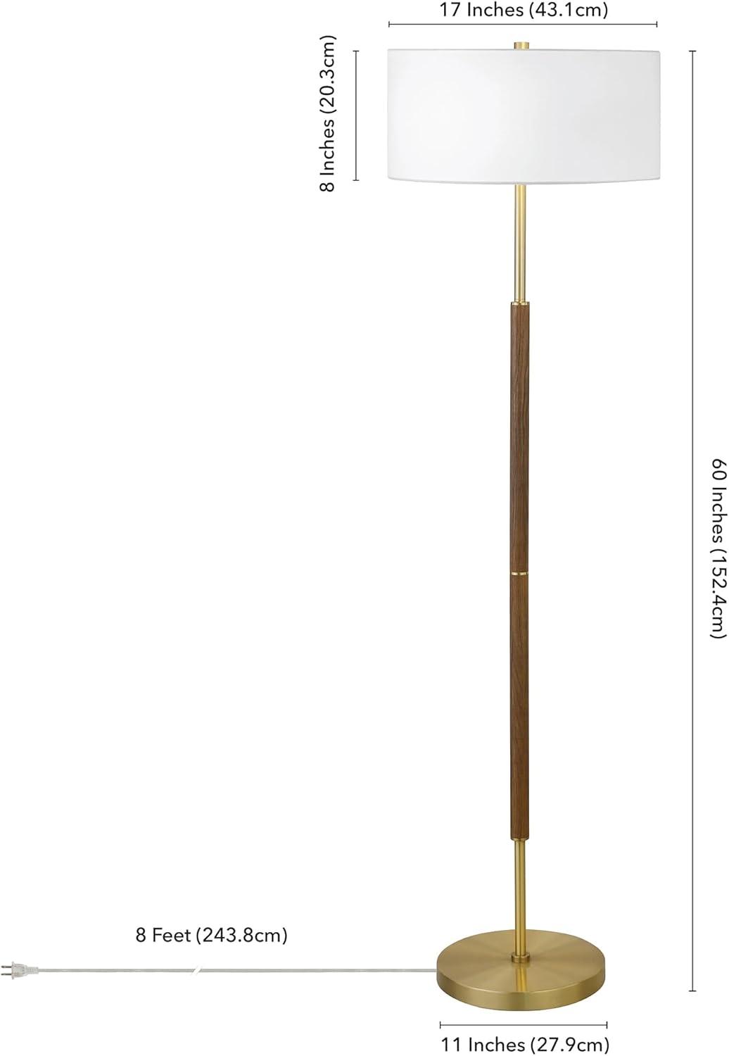 Evelyn&Zoe Simone 2-Light Floor Lamp with Fabric Shade, Rustic Oak/Polished Nickel/White