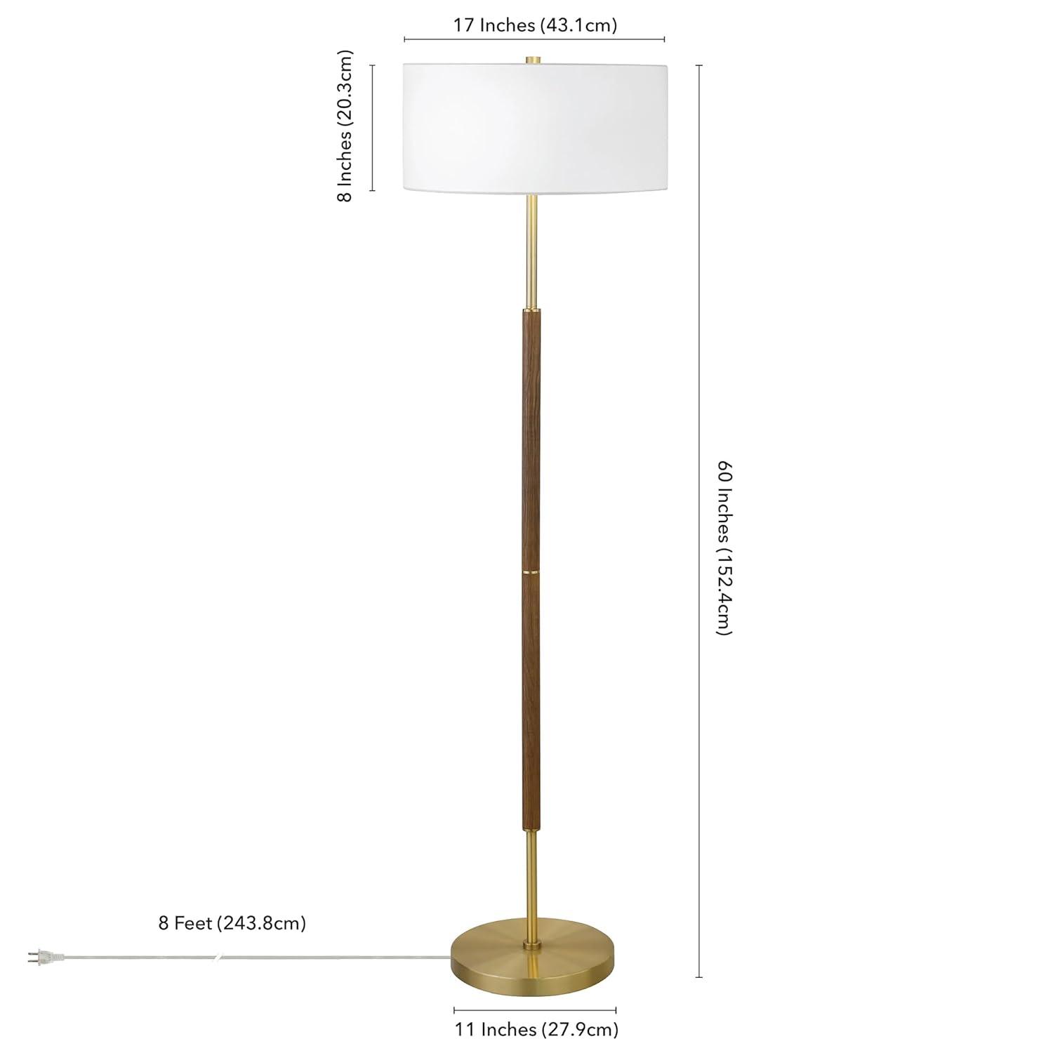 Evelyn&Zoe Simone 2-Light Floor Lamp with Fabric Shade, Rustic Oak/Polished Nickel/White