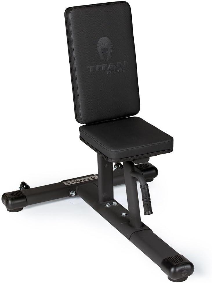 Titan Fitness Seated Stationary Bench, Rated 330 LB, Ergonomic Angled Back, Comfortable HeftyGrip Padding, Front Handle, Rear Wheels for Easy Transport, Utility Upright Weight Bench