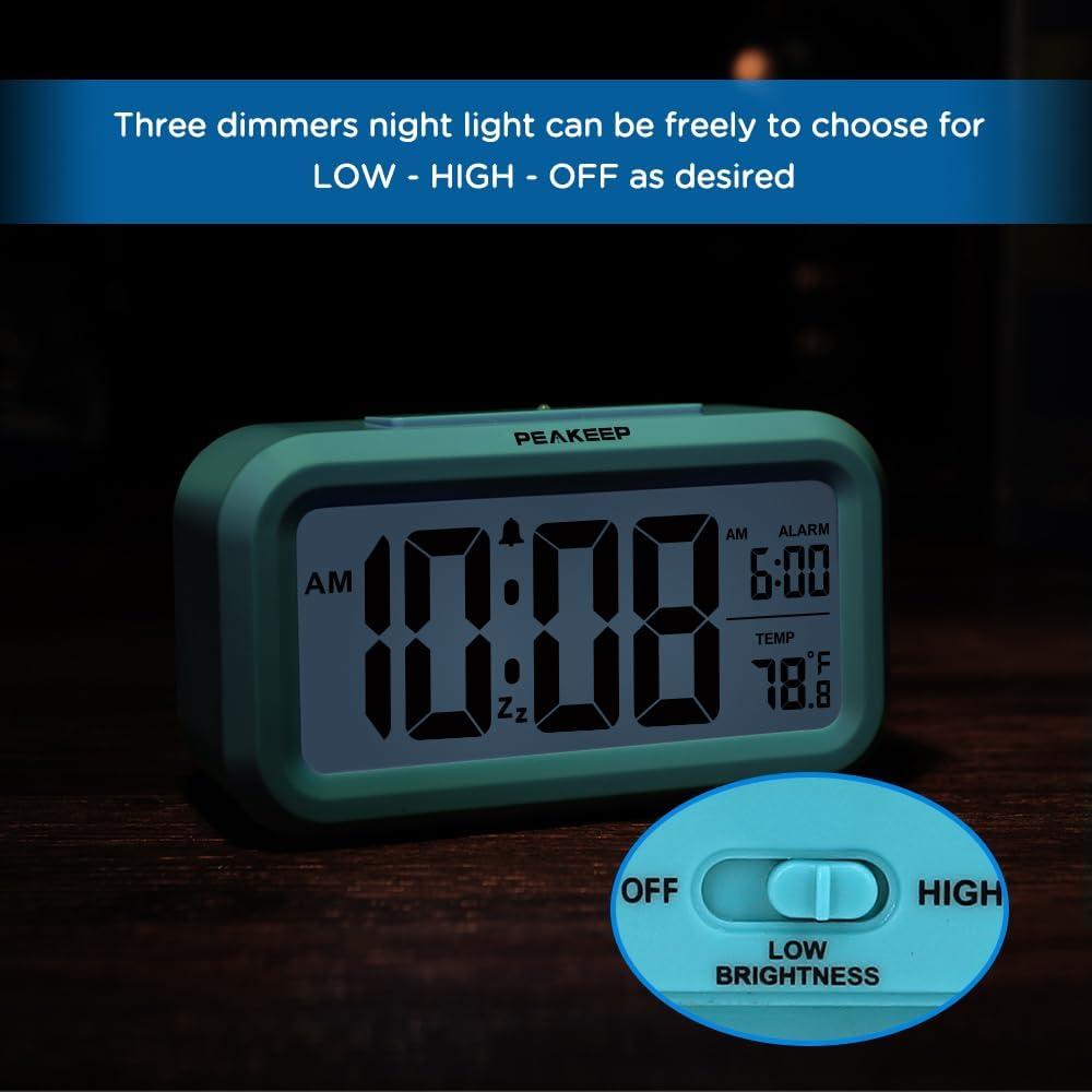 PEAKEEP Smart Night Light Digital Alarm Clock with Indoor Temperature, Battery Operated Desk Small Clock (Blue)