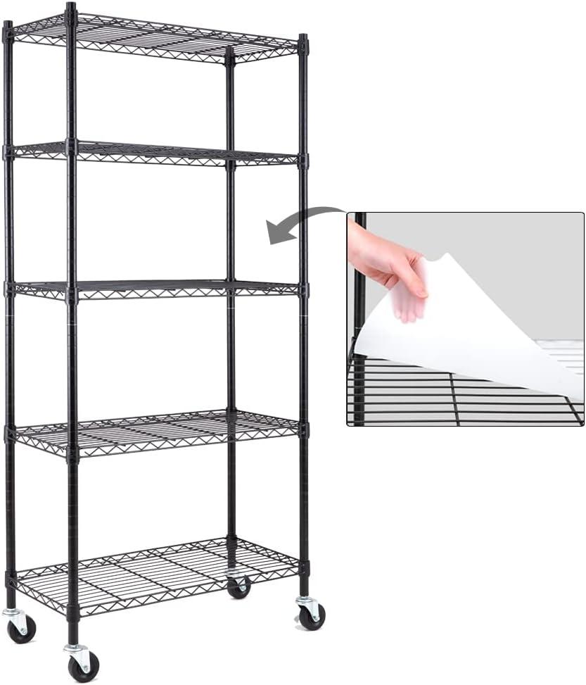 EFINE 5-Shelf Shelving Units and Storage on 3'' Wheels, Adjustable Heavy Duty Carbon Steel Wire Shelving Unit for Garage, Kitchen, Office (30L x 14W x 63.7H)