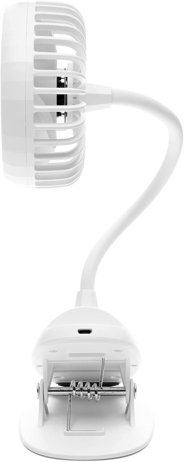 White Adjustable Battery-Powered Clip-On Desk Fan with 3 Speeds