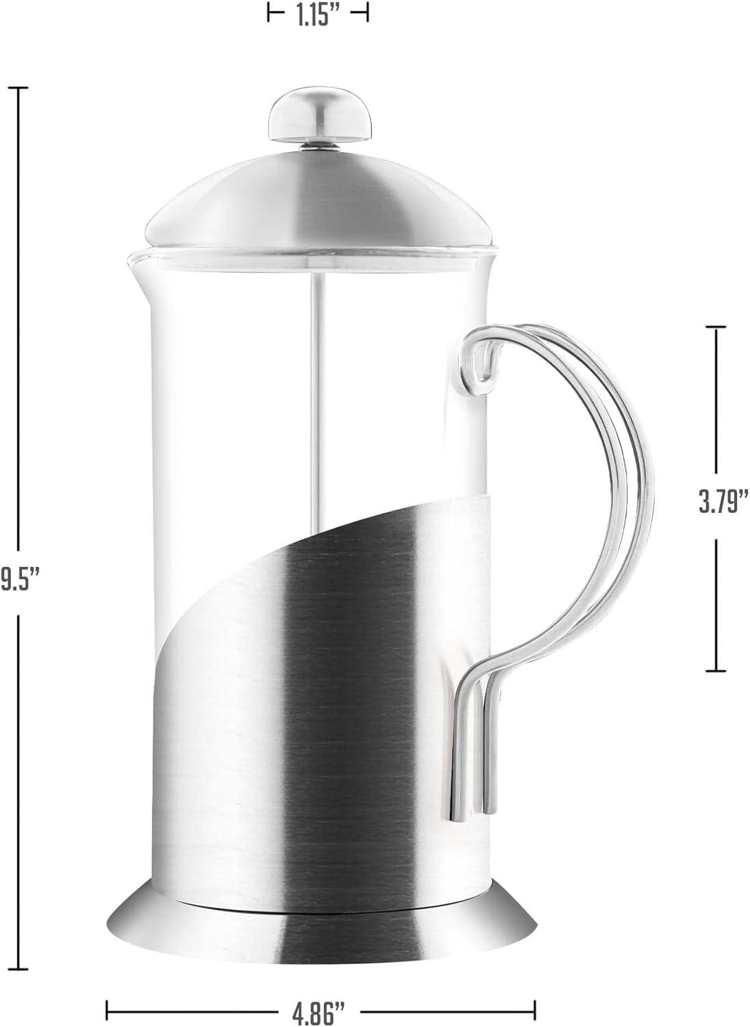 OVENTE French Press Coffee Maker, 4 Level Stainless Steel Filter System, Borosilicate Heat Resistant Glass Carafe with Free Measuring Scoop, Silver