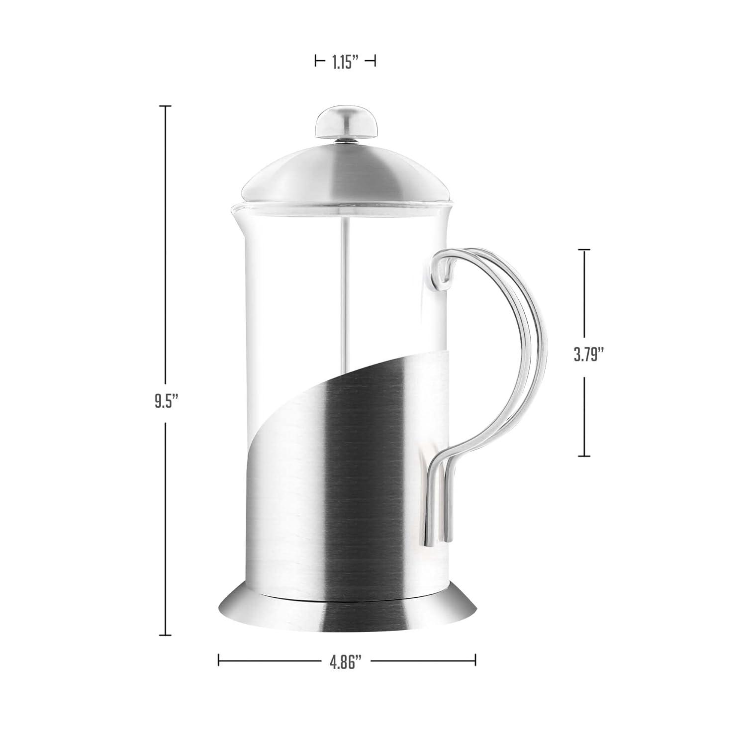 OVENTE French Press Coffee Maker, 4 Level Stainless Steel Filter System, Borosilicate Heat Resistant Glass Carafe with Free Measuring Scoop, Silver