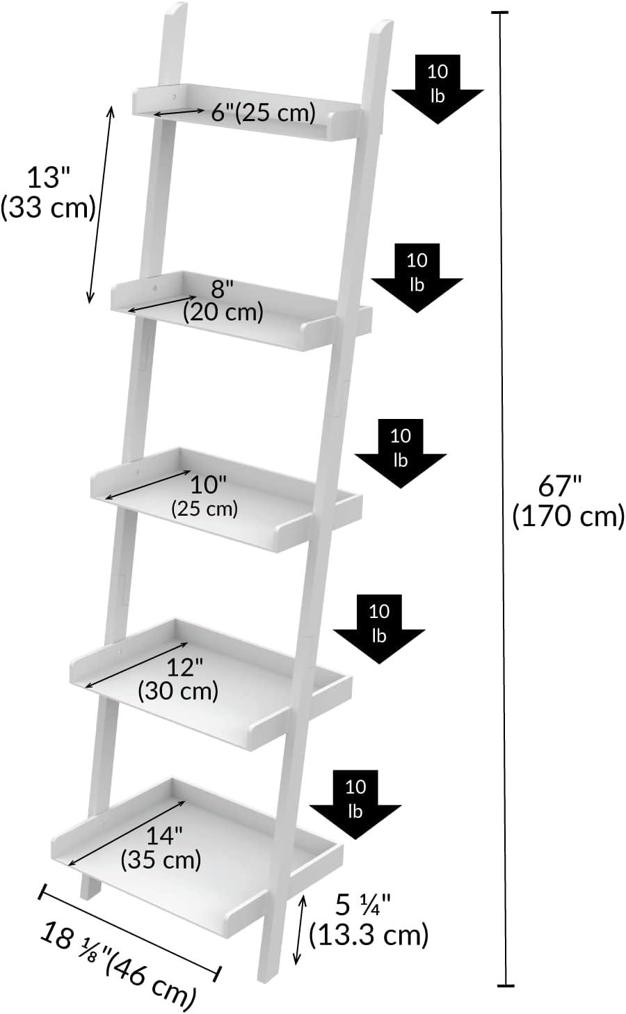 Ballucci 5-Tier Ladder Shelf, Wood Leaning Bookshelf, Modern Bookcase, 67" H x 18" W, White