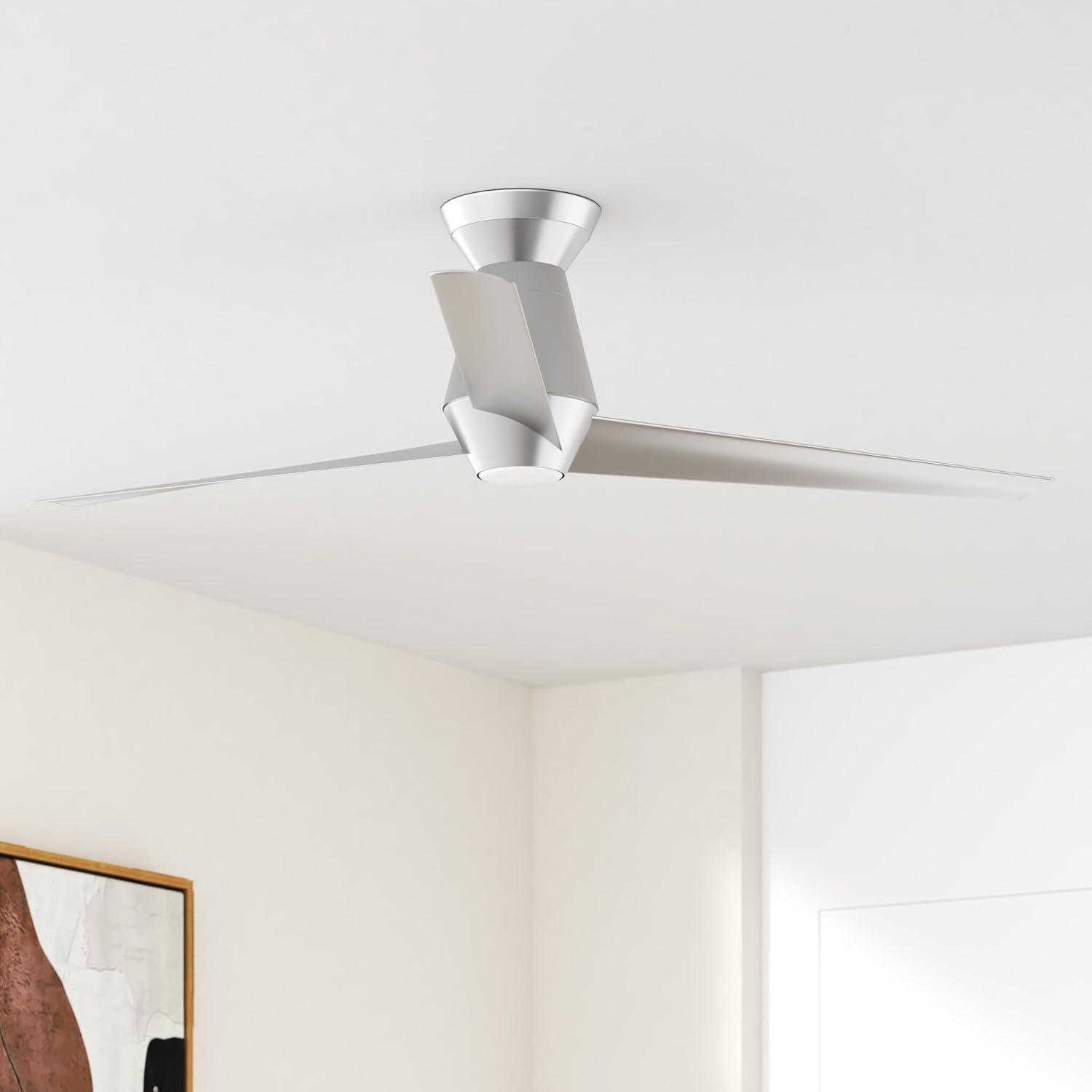 Slim Indoor and Outdoor 3-Blade Smart Flush Mount Ceiling Fan 52in Brushed Aluminum with 3000K LED Light Kit and Remote Control