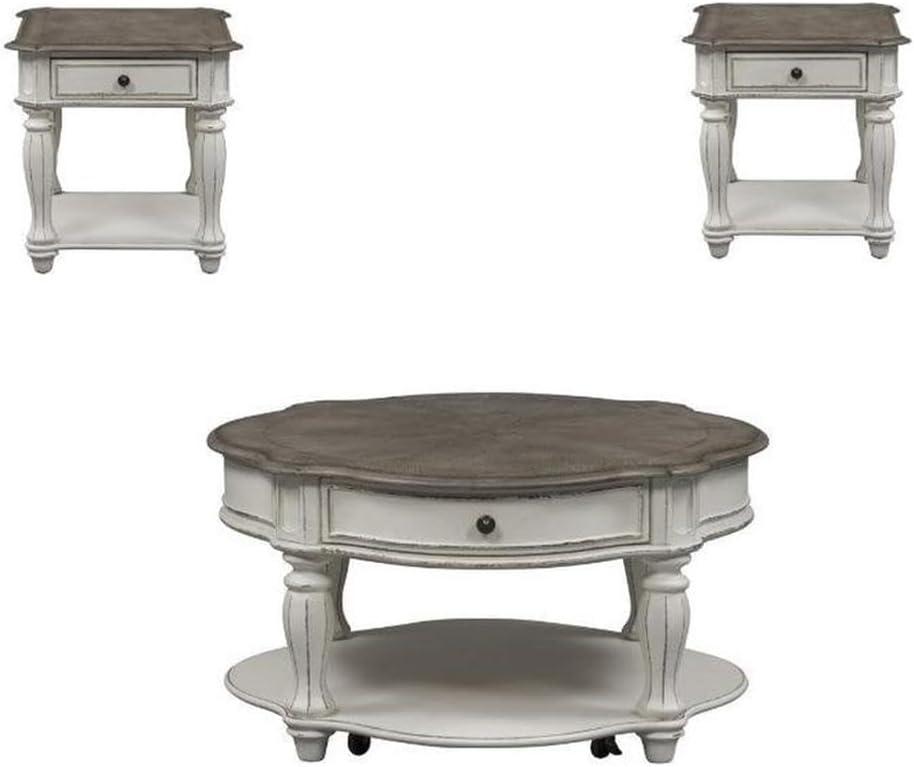 Magnolia Manor 3-Piece Antique White and Brown Coffee Table Set