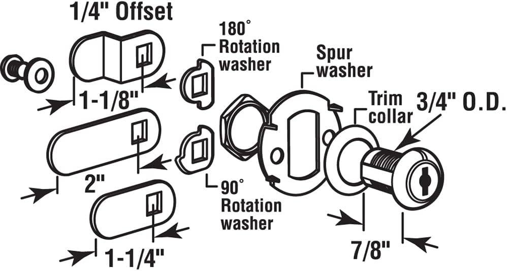 Prime-Line Diecast Keyed Alike Drawer and Cabinet Lock  3 Cams, Trim Collar, 2 Washers, 2 Keys and Fasteners  7/8 In. Length for 9/16 In. Max Panel Thickness, Stainless Steel (1 Set)