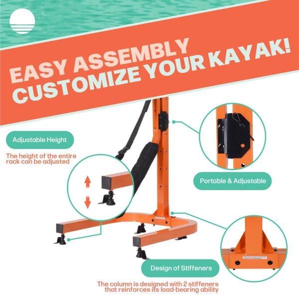 Rad Sportz Kayak Storage Rack - Portable Folding Boat Stands for Garage, Shed, or Dock -Freestanding Kayak Stands with Padded Arms and Adjustable Straps - Holds 2 Canoes, SUP, or Paddleboards, Orange