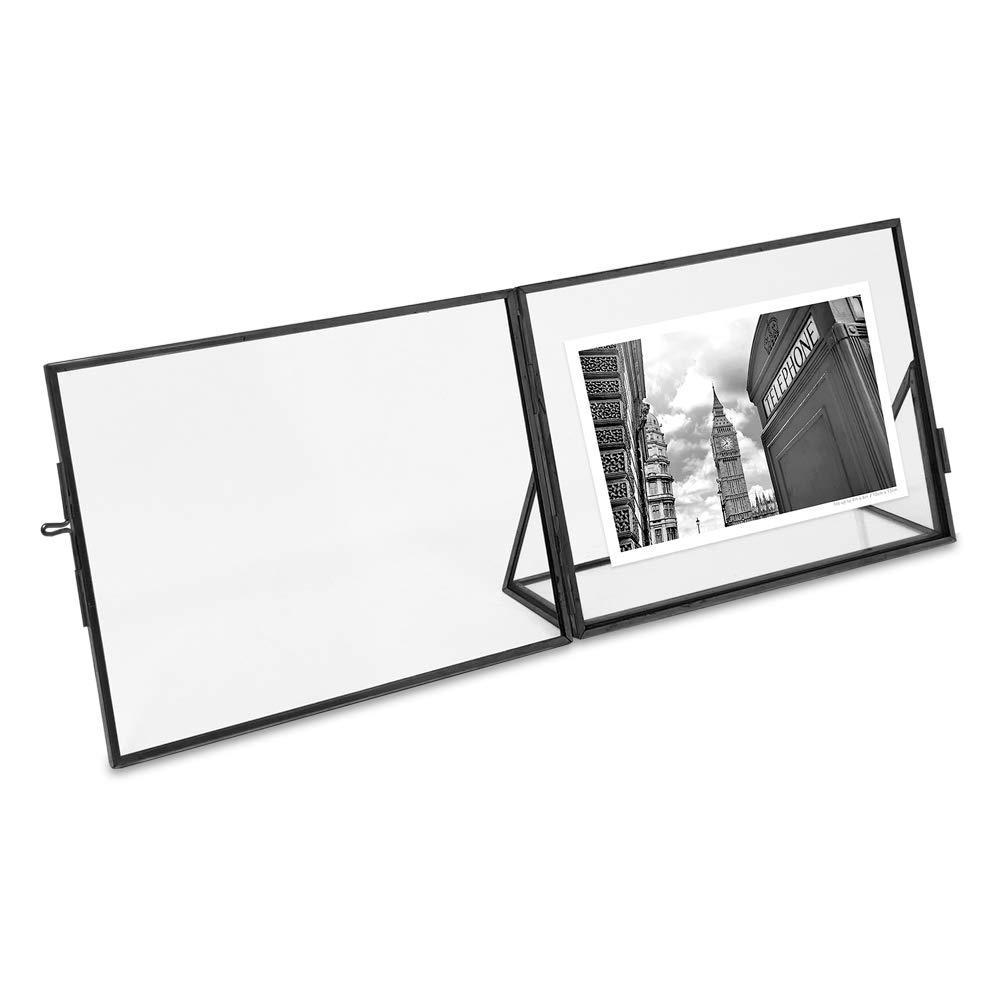 Isaac Jacobs 4x6, Black, Vintage Style Brass and Glass, Floating Photo Frame, Metal, Horizontal, with Locket Closure and Angled Base, for Pictures, Art, Mementos, Keepsakes 4x6, Black