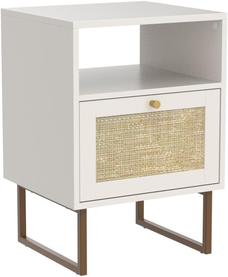 White and Gold Modern Rattan Nightstand with Drawer