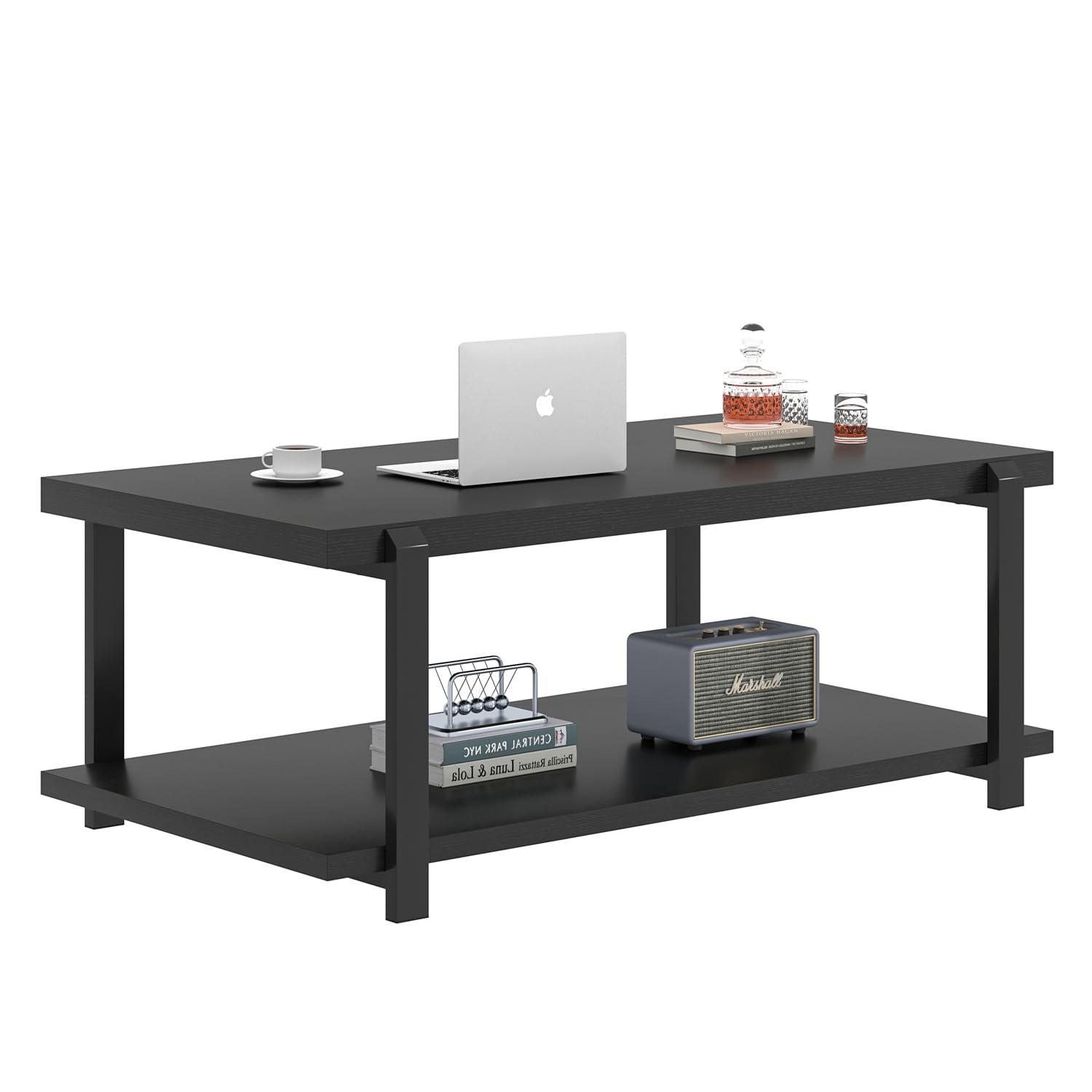 FOLUBAN Industrial Coffee Table with Shelf, Wood and Metal Rustic Cocktail Table for Living Room, Oak