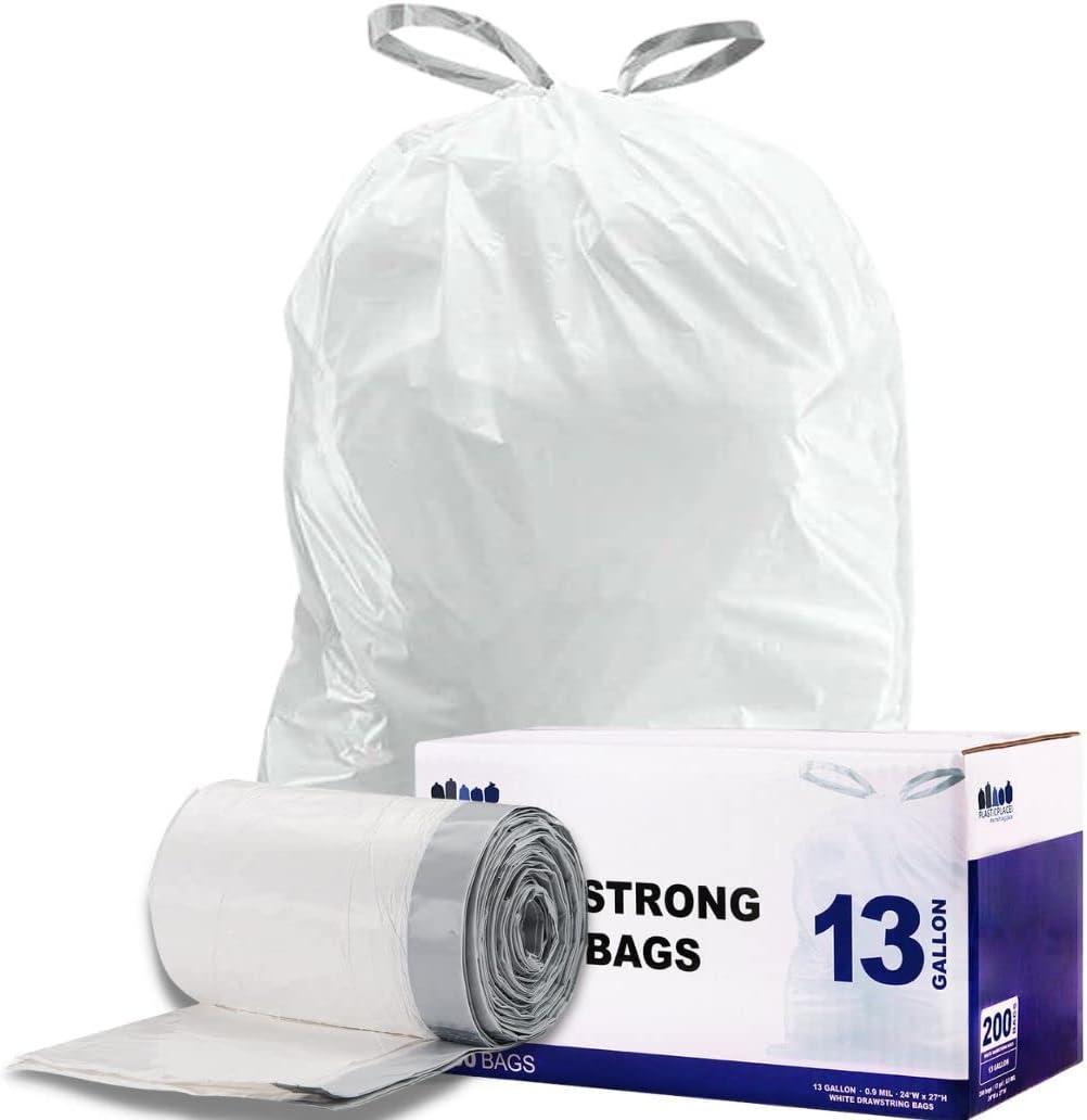 Plasticplace 13 Gallon Extra Tall Drawstring Kitchen Bags, 200 Count, White