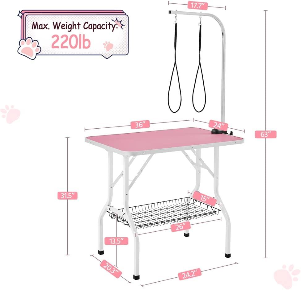 Pink Foldable Pet Grooming Table with Adjustable Arm, 36 Inches