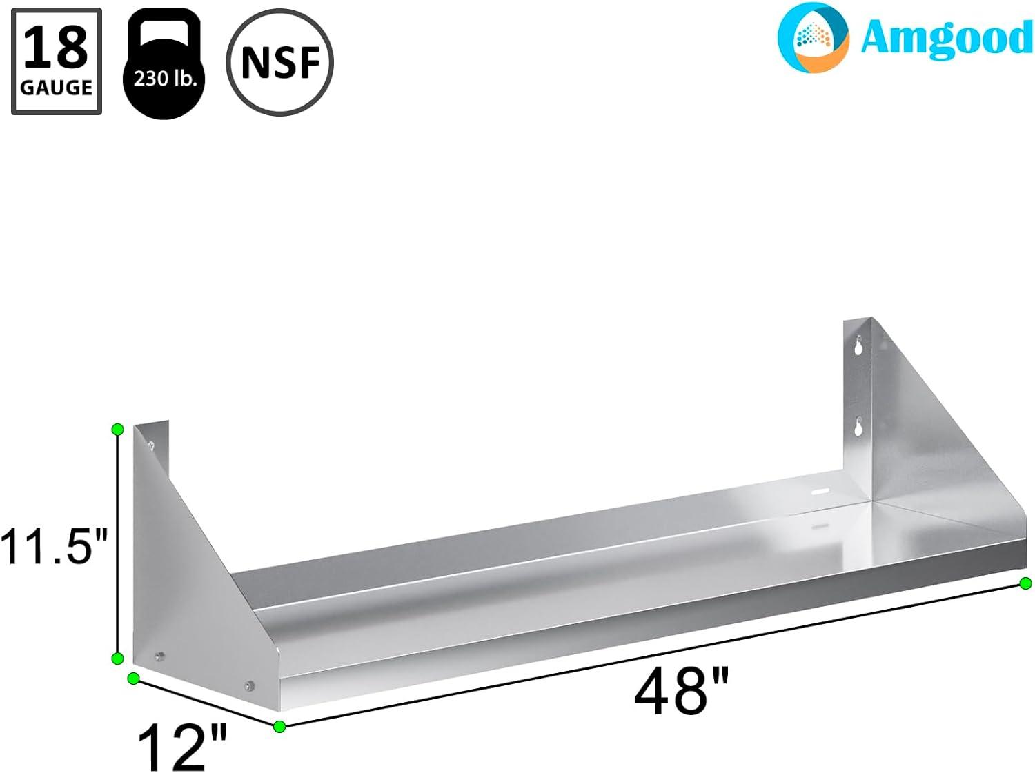 48" Long Stainless Steel Wall Shelf with Side Guards