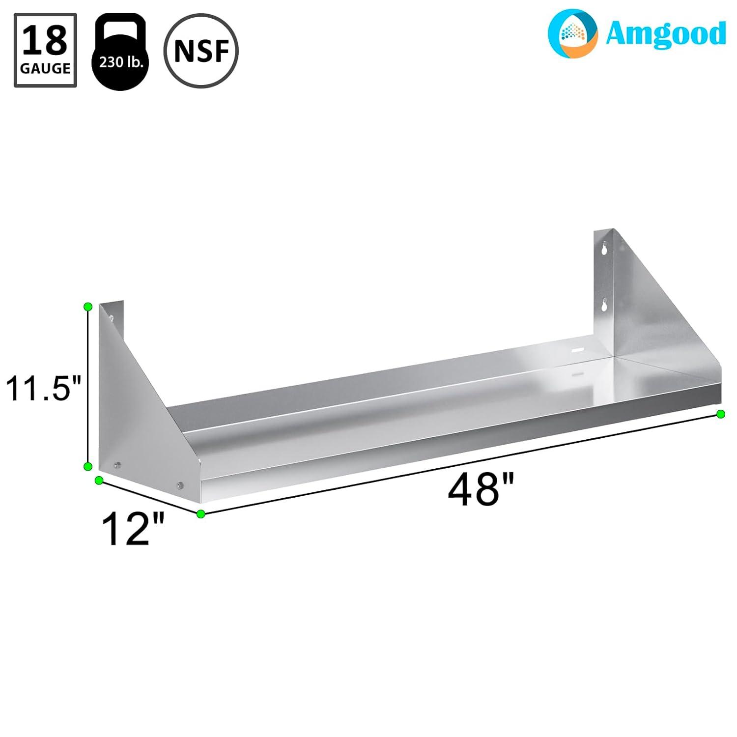 48" Long Stainless Steel Wall Shelf with Side Guards