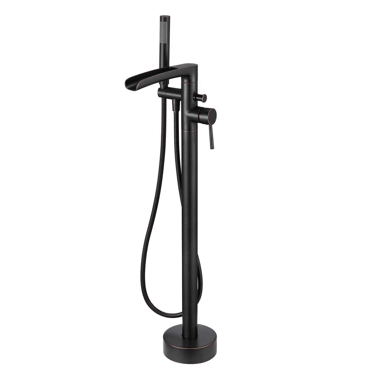MOGFCT Waterfall Freestanding Bathtub Faucet Set Single Handle Floor Mount Tub Filler with Hand Shower ,Matte Black