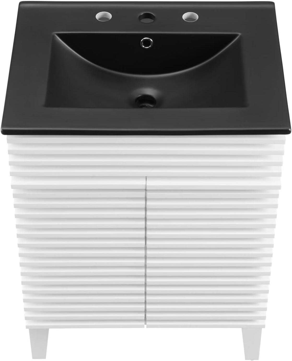 Modway 24 Inch Modern White Black Wood Bathroom Vanity with Sink and Floor Cabinet