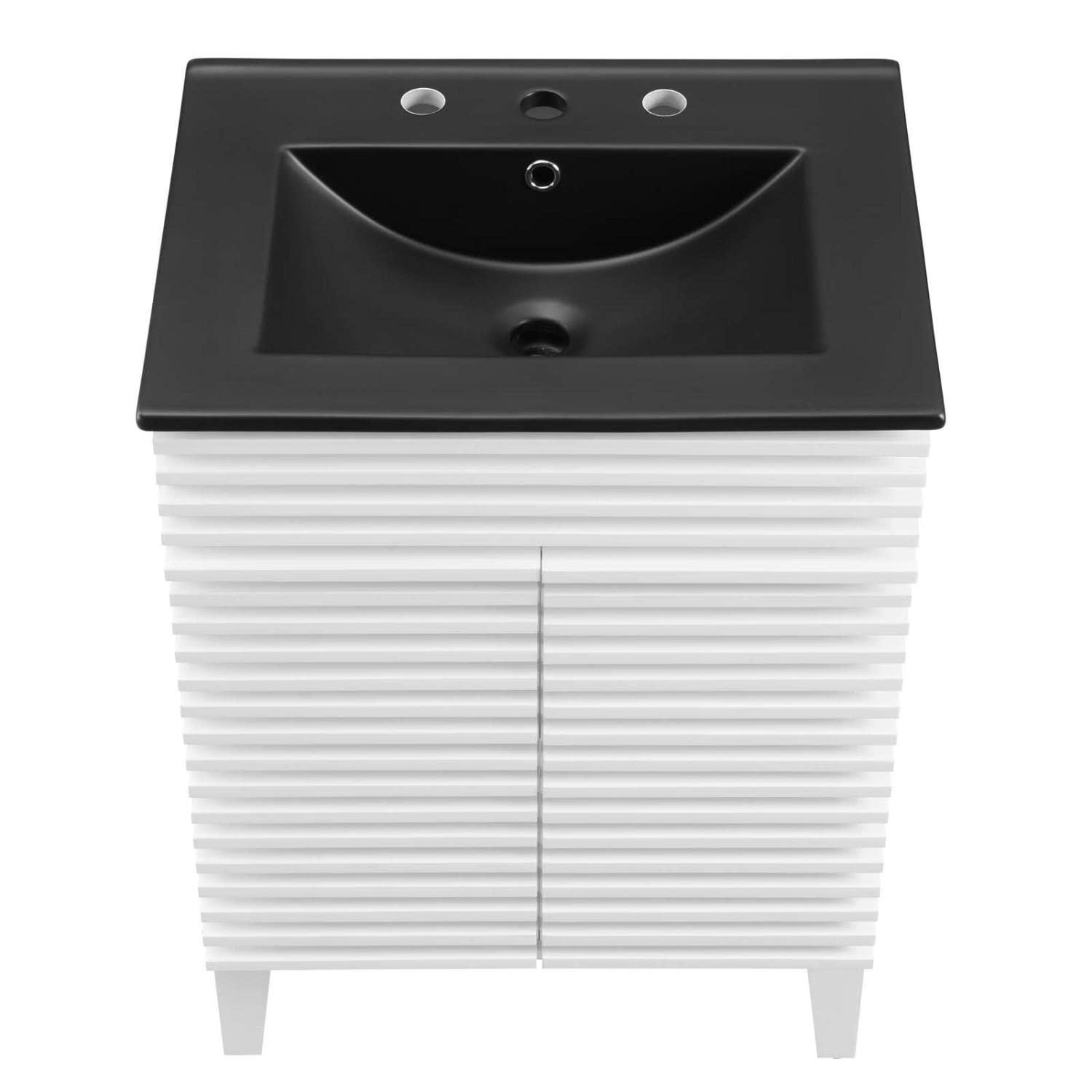 Modway 24 Inch Modern White Black Wood Bathroom Vanity with Sink and Floor Cabinet