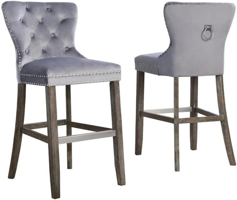 Rustic Gray Velvet Bar Stools with Chrome Handle and Footrest (Set of 2)