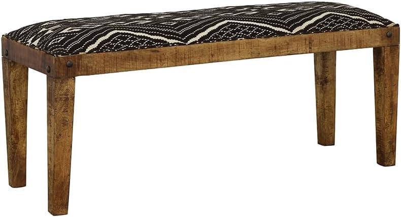 Natural Mango Wood Bench with Black and White Upholstery