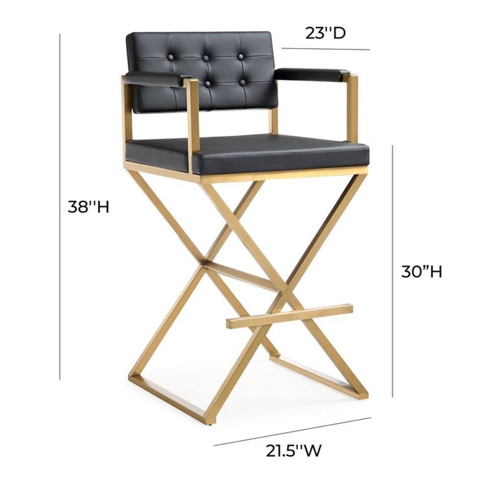 TOV Furniture Director Black Vegan Leather Barstool with Gold Steel Legs