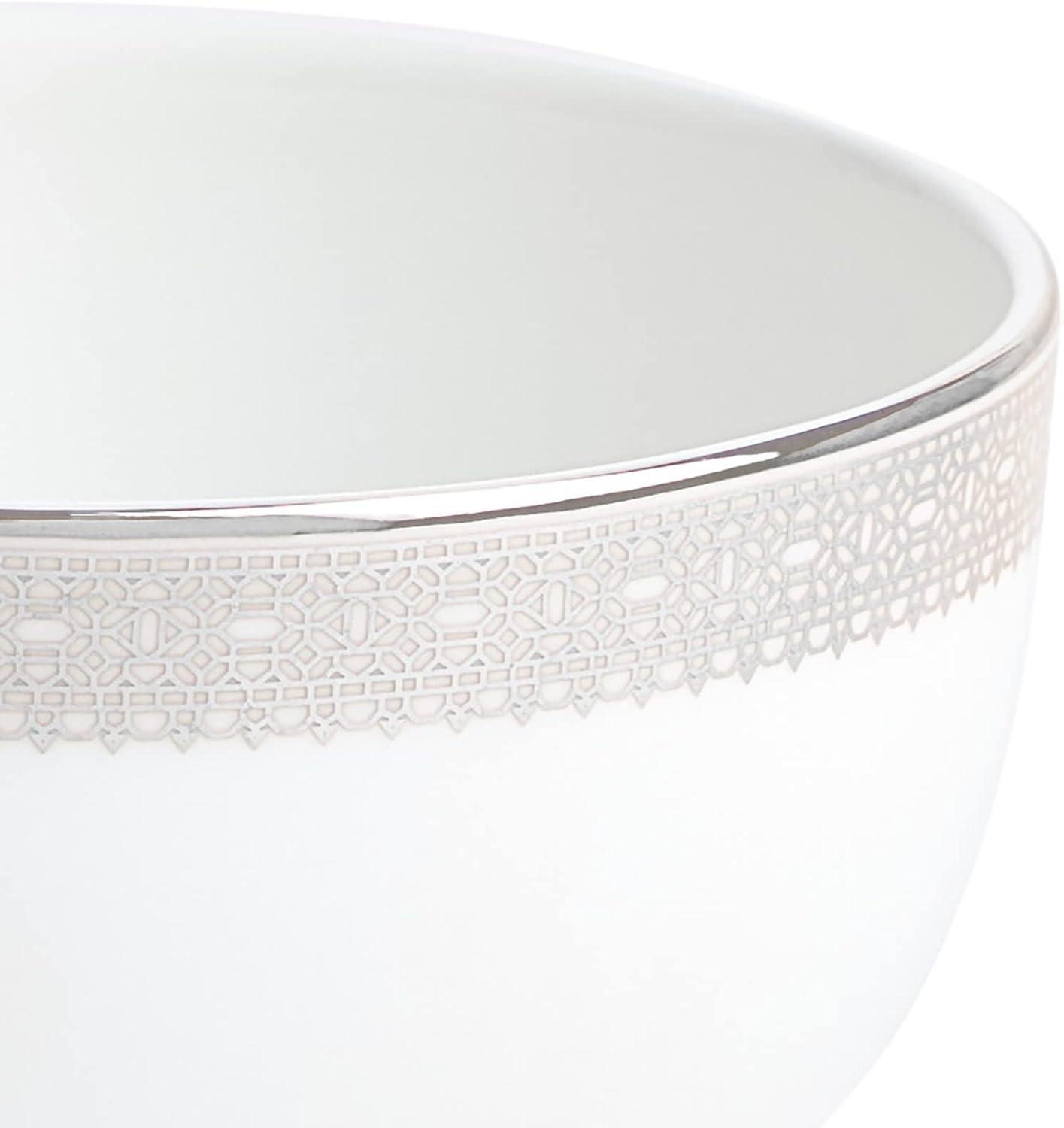 White Ceramic Round Rice Bowl with Platinum Band