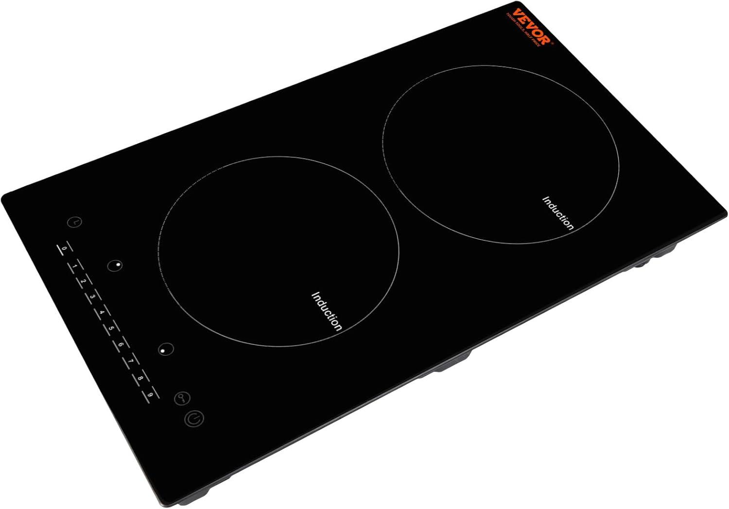 VEVOR Induction Cooktop, 1800W Electric Countertop Burner, 2 Burner Knob Control Stove, Built-in Induction Cooktop with 12 Temperature Settings, Glass Surface, Auto Shut-Off