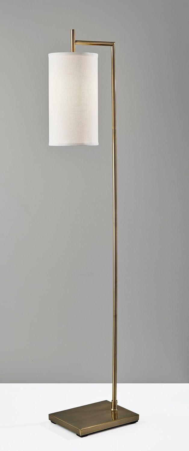 Adesso Zion Floor Lamp Antique Brass: Mid-Century Modern, White Textured Drum Shade, ETL Listed