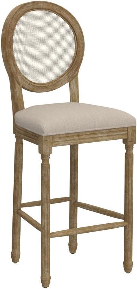 Beige and Natural French Country Wooden Barstools with Wicker Backrest, Set of 2