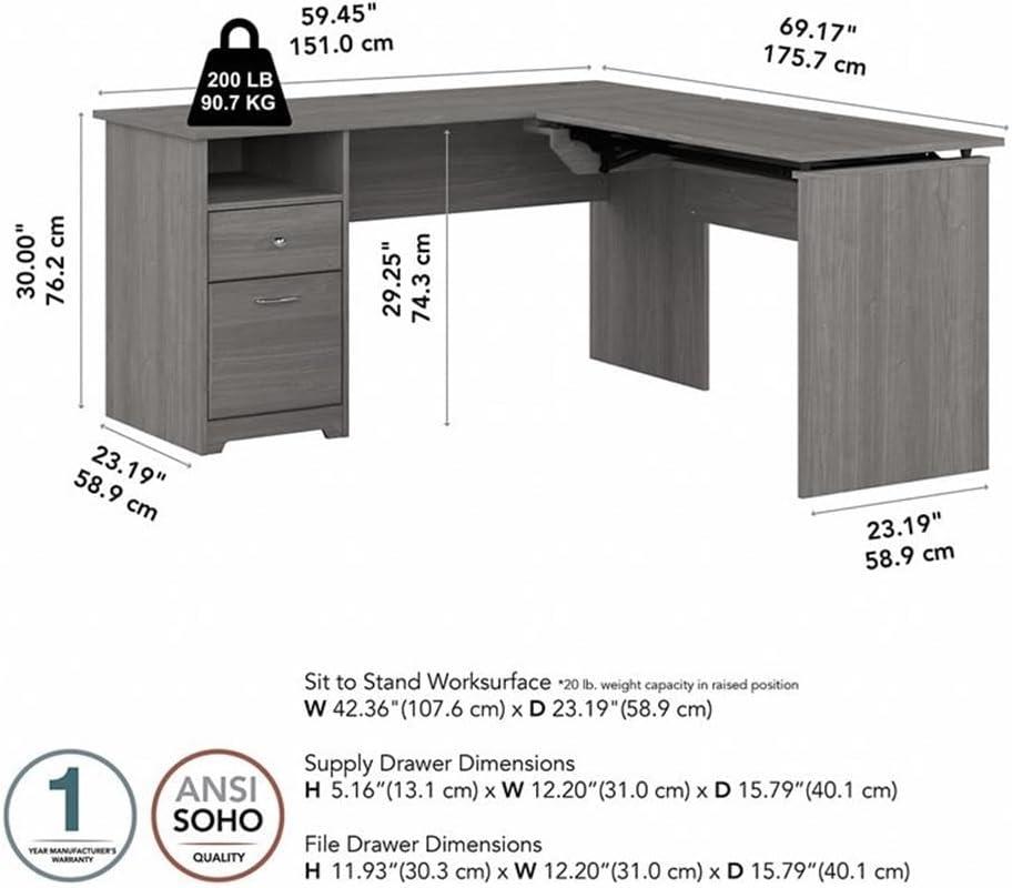 Modern Gray Adjustable Height L-Shaped Home Office Desk with Drawers