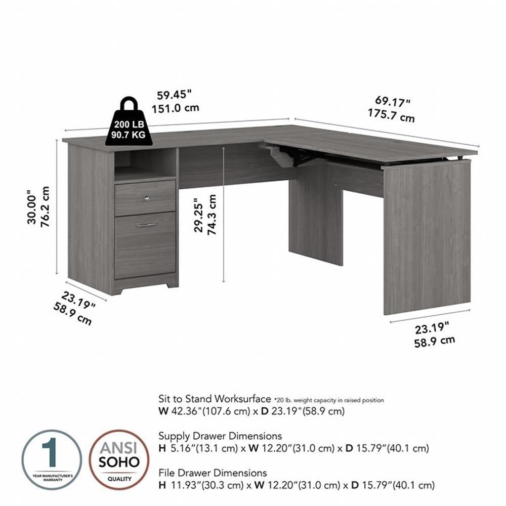 Modern Gray Adjustable Height L-Shaped Home Office Desk with Drawers