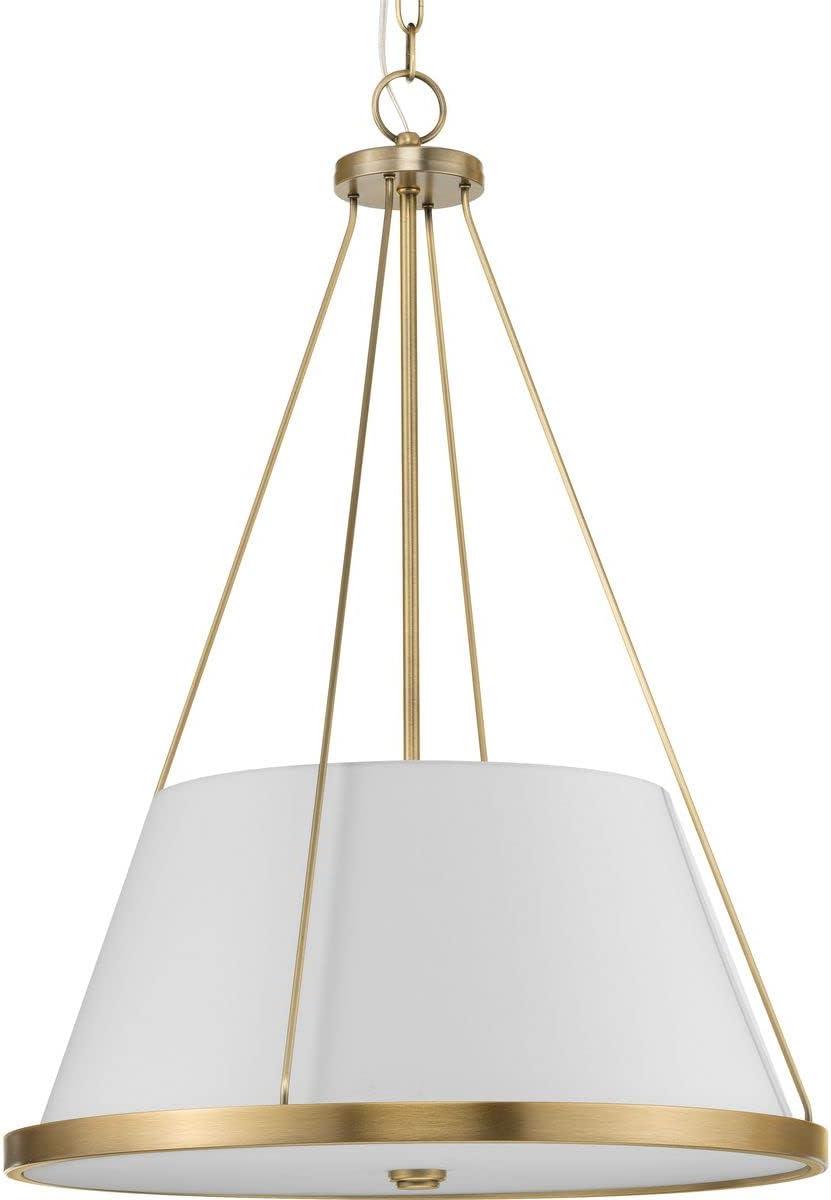 Progress Lighting Saffert 3-Light Pendant, Vintage Brass, White Linen Shade