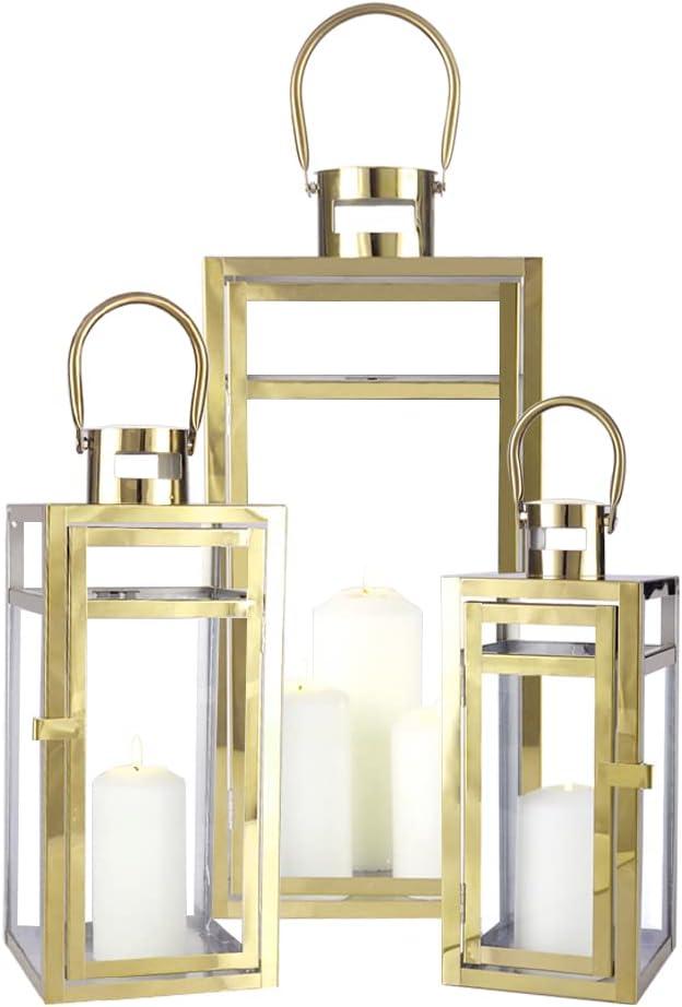 Set of 3 12/15/19 inch Metal Lanterns with Tempered Glass (Gold )