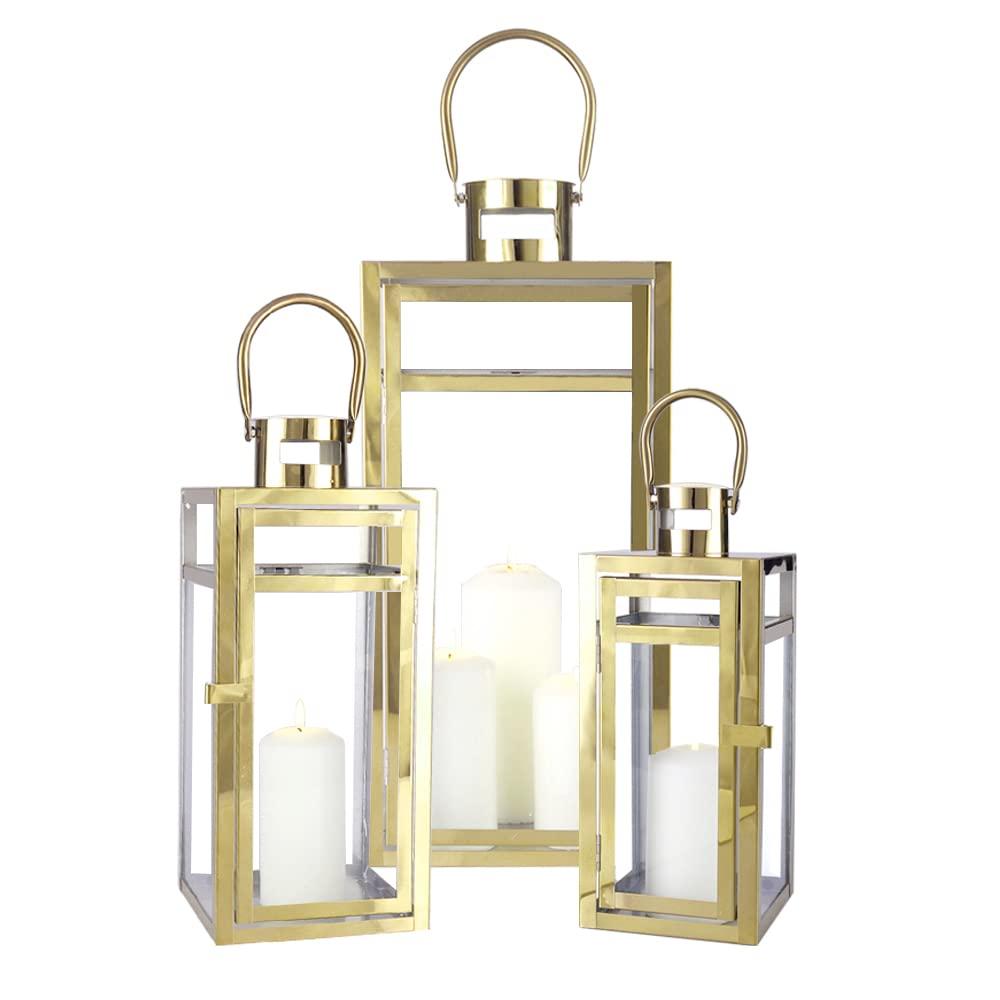 Set of 3 12/15/19 inch Metal Lanterns with Tempered Glass (Gold )