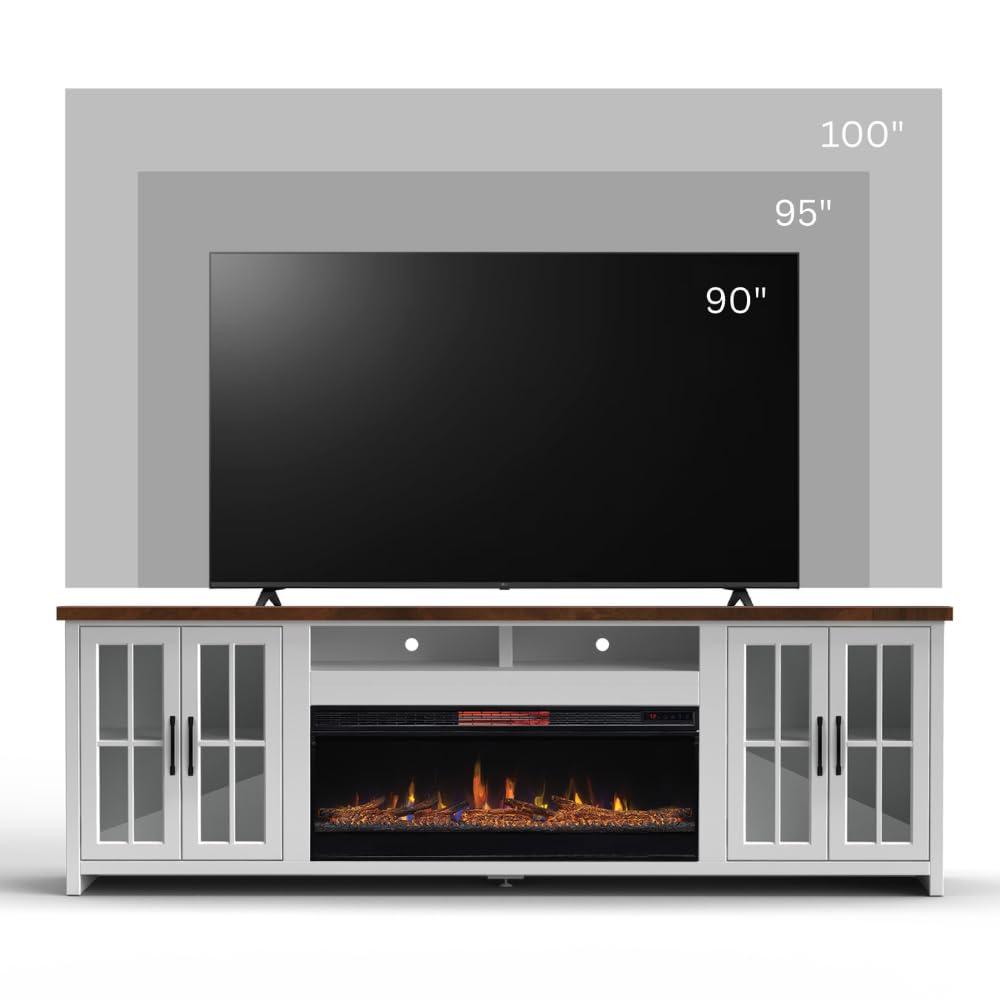 Hampton 97" White Wood Fireplace TV Stand with Cabinets