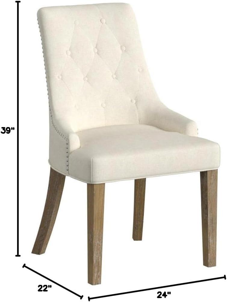 Tan Button Tufted Solid Wood Wingback Hostess Chairs with Nail Heads Set of 2