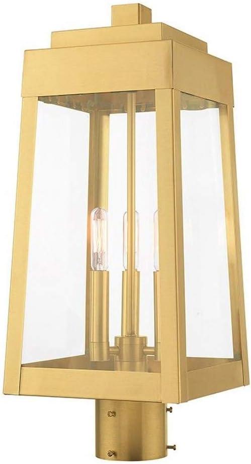 Oslo Satin Brass 3-Light Outdoor Post Top Lantern with Clear Glass