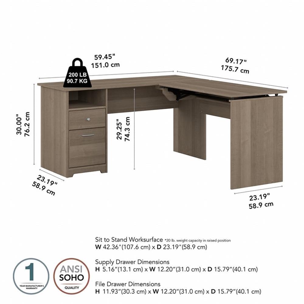 Modern Gray Adjustable Height L-Shaped Home Office Desk with Drawers