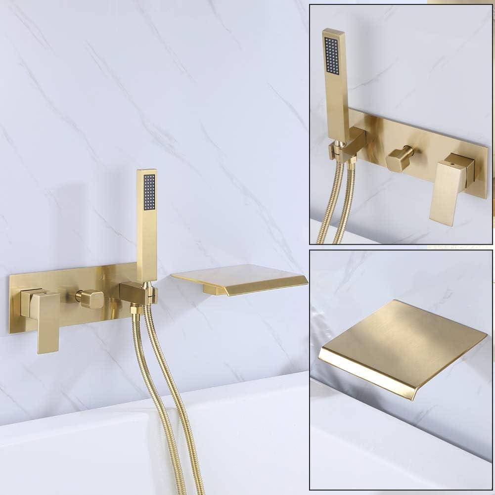 Wall Mounted Tub Filler with hand shower, Two Handles Brushed Gold Waterfall Bathtub Faucet with Rough-in Valve