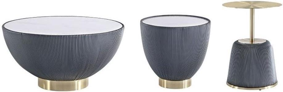 Manhattan Comfort 3pc Anderson Leatherette Upholstered Coffee Table and End Table Set: Gold Metal Finish, Round Shape