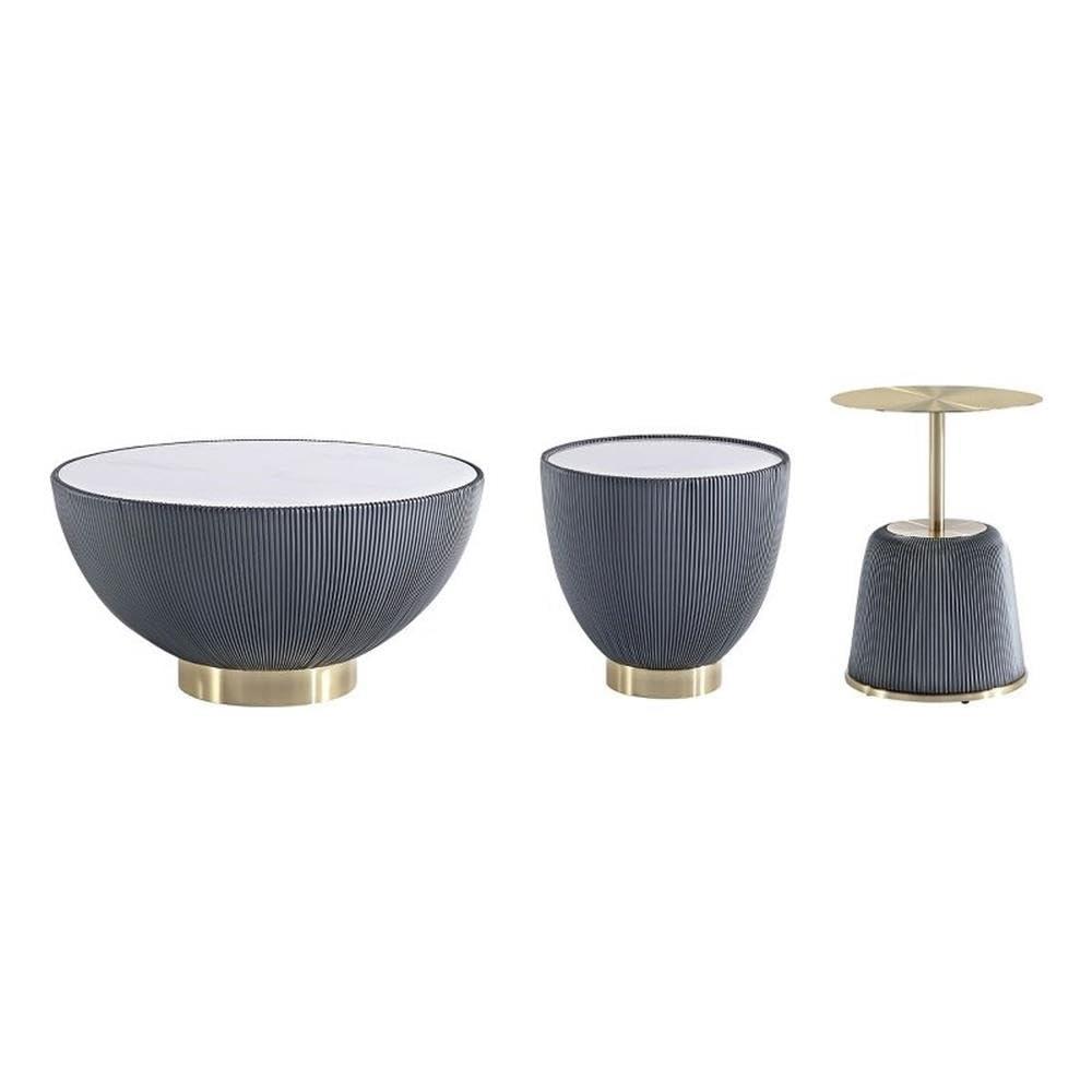 Manhattan Comfort 3pc Anderson Leatherette Upholstered Coffee Table and End Table Set: Gold Metal Finish, Round Shape
