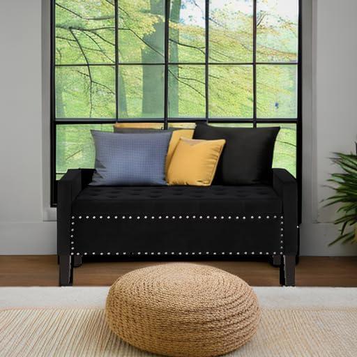 Black Velvet Upholstered Tufted Storage Bench with Nail Trim