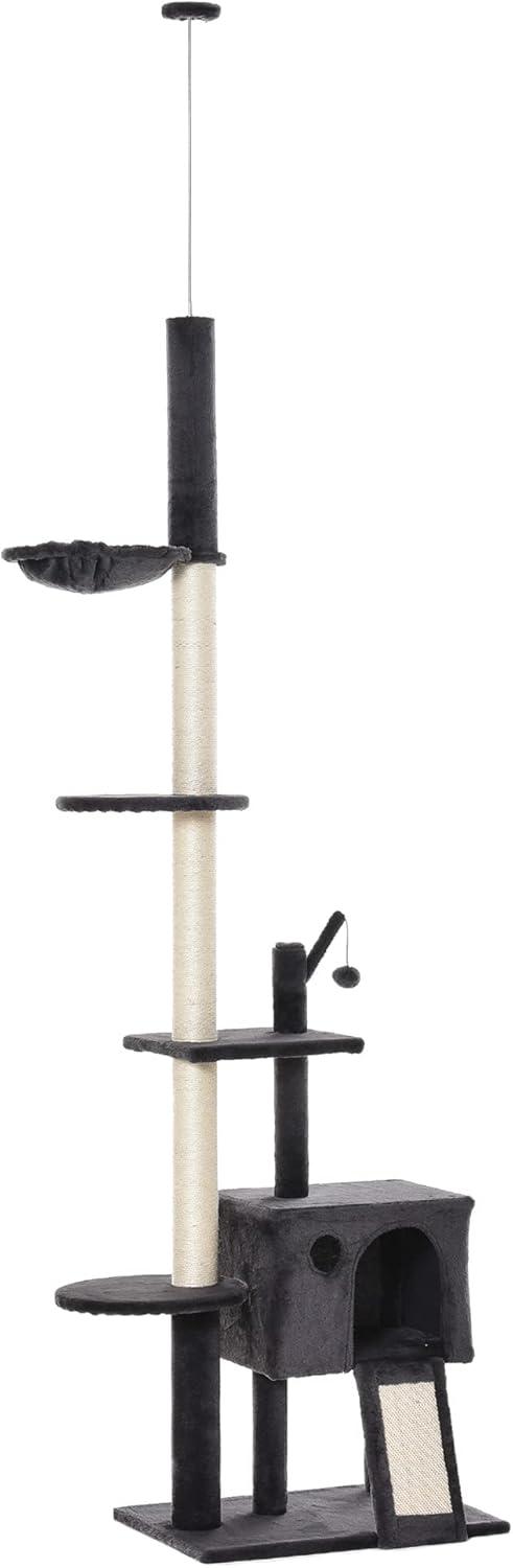 PawHut 106" Huge Cat Tree Kitty Activity Center Floor-to-Ceiling Cat Climbing Toy with Scratching Post Board Hammock Hanging Ball Dark Gray