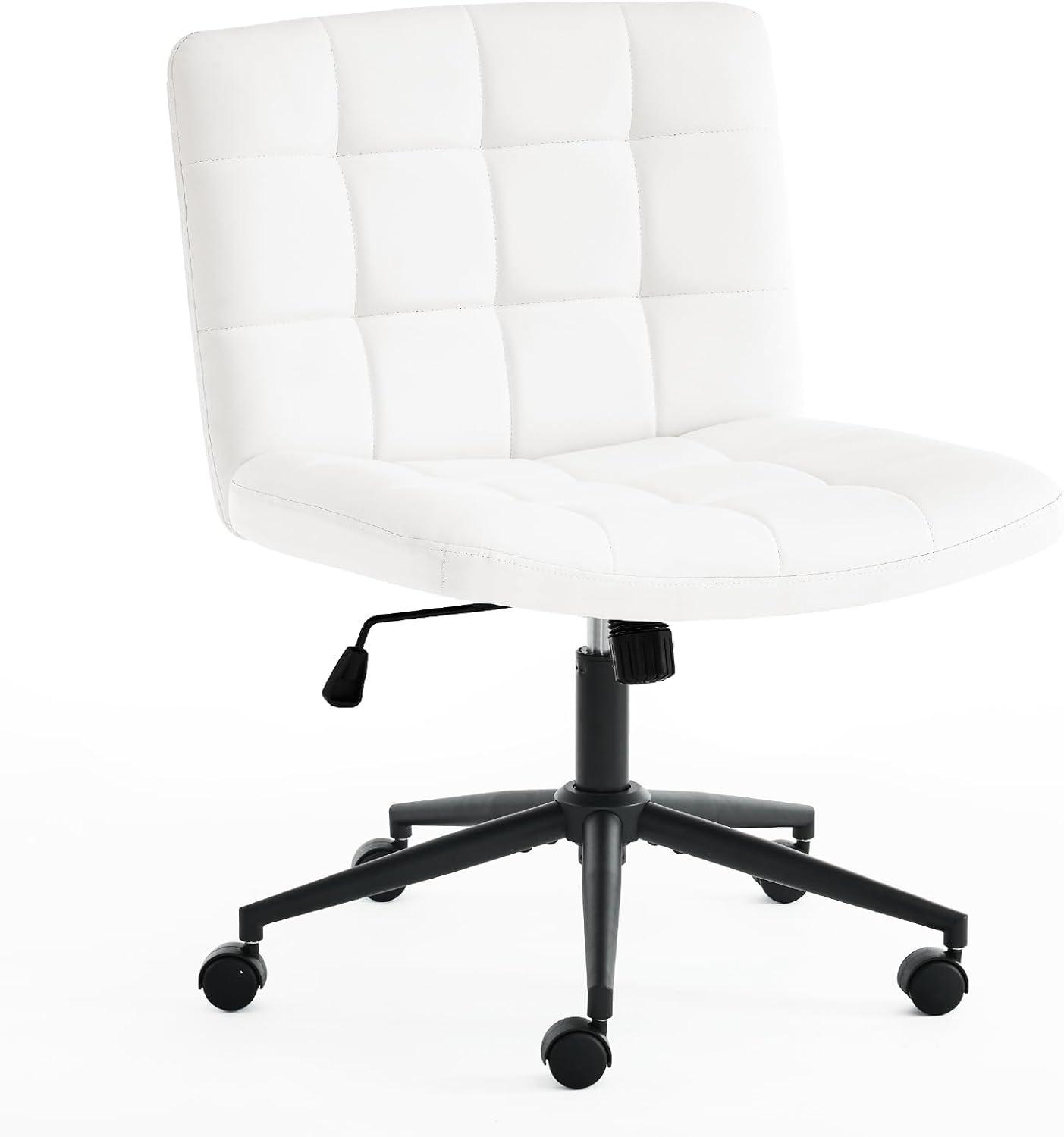 Modern Armless Home Office Chair Wide Desk Chair with Wheels Swivel Task Chair for Home Office, Bedroom. PU-Ivorywhite