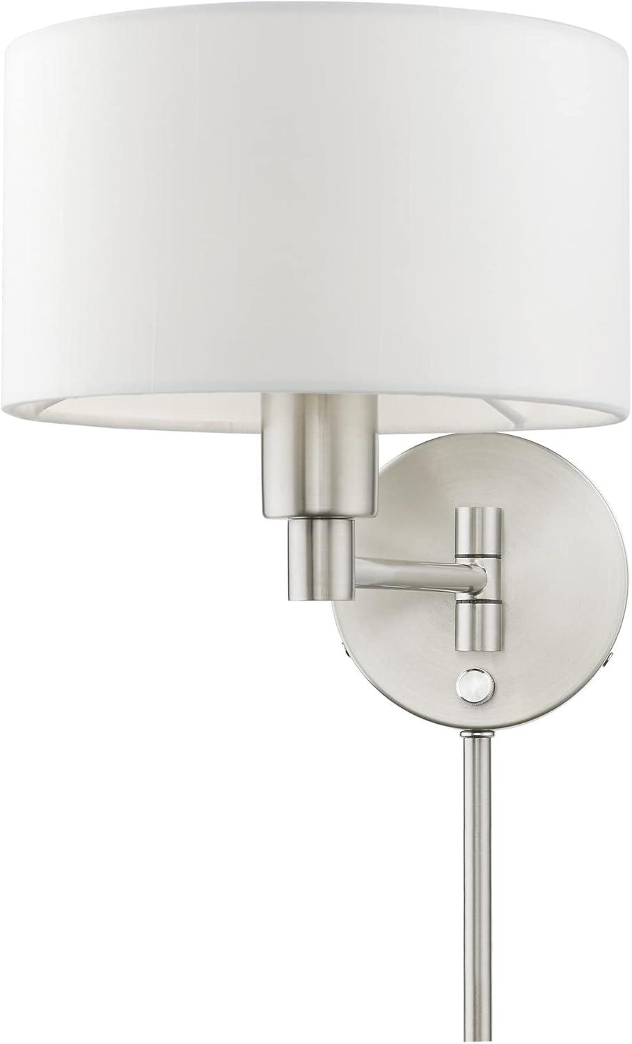 Transitional Brushed Nickel Swing Arm Wall Lamp with Off-White Shade