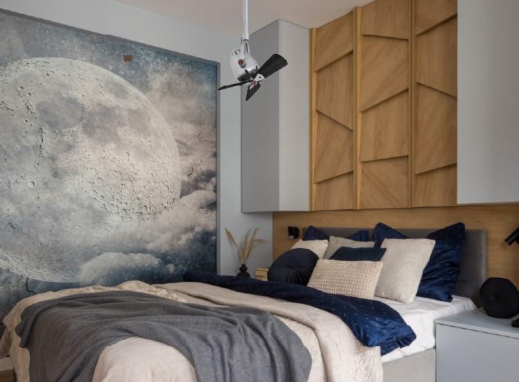 Diane oscillating ceiling fan in Polished Chrome finish with solid matte black wood blades.