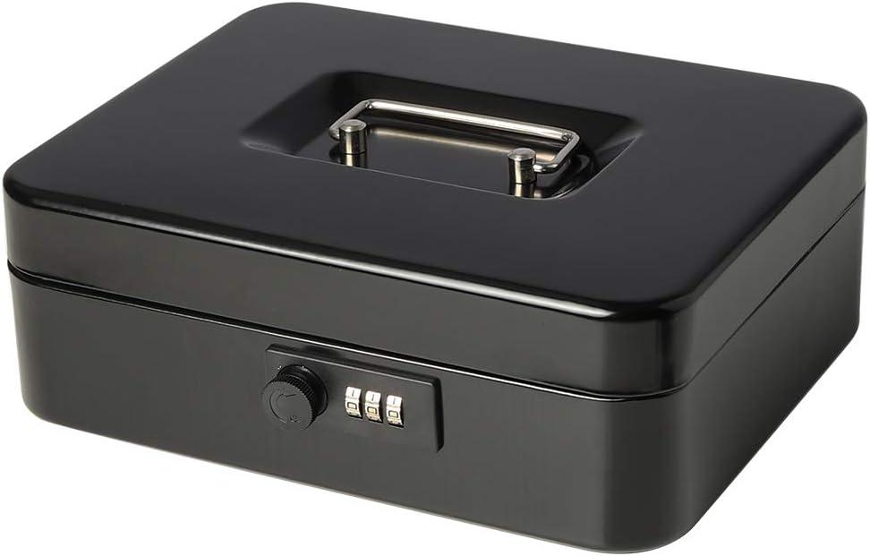 KYODOLED Large Cash Box with Combination Lock Safe Metal Money Box with Money Tray for Security Lock Box 9.84"x 7.87"x 3.54" Black Large Black